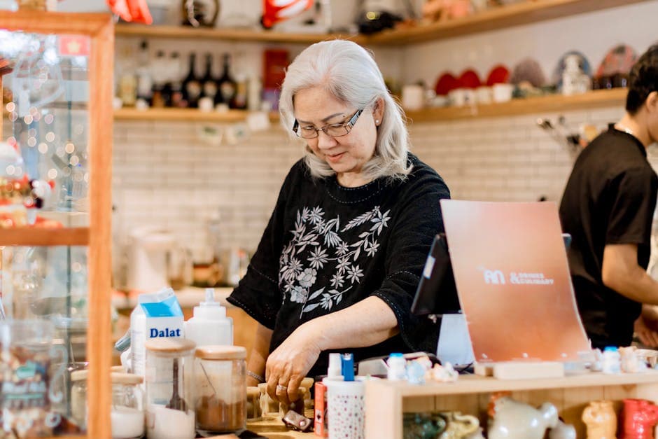 Small shop owner behind a friendly counter