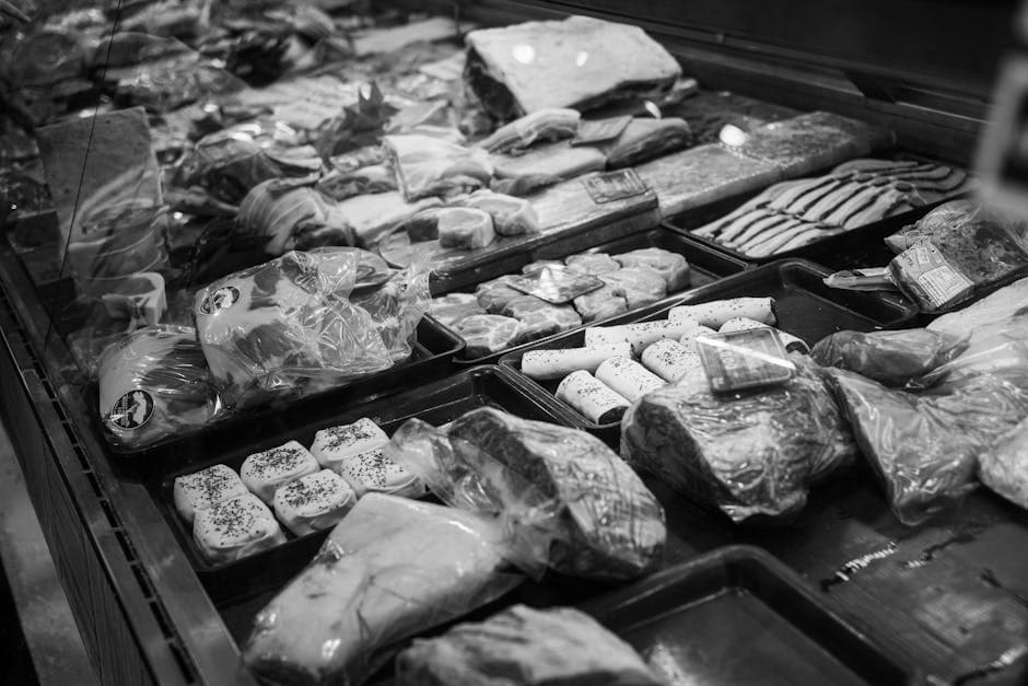 Butcher shop counter with fresh meat display