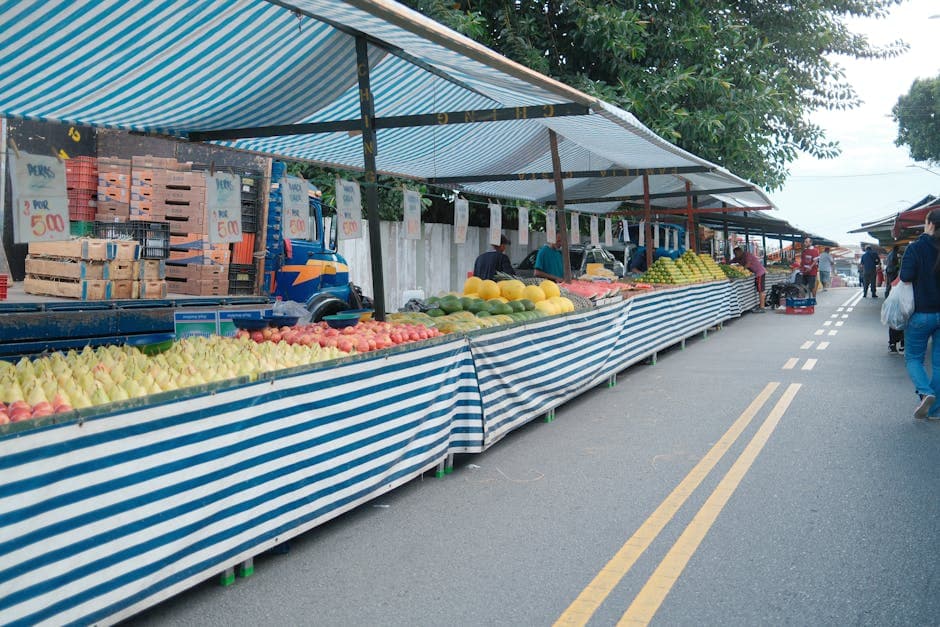 Open air market stall with goods on display